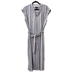 Jones‎ New York Striped Midi Linen Rayon Cap Sleeve Shirt Dress Size 12